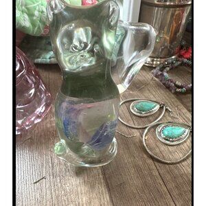 Fenton Stylized Art Glass Cat Figurine 5" Handcrafted Siamese With Colorful Swir